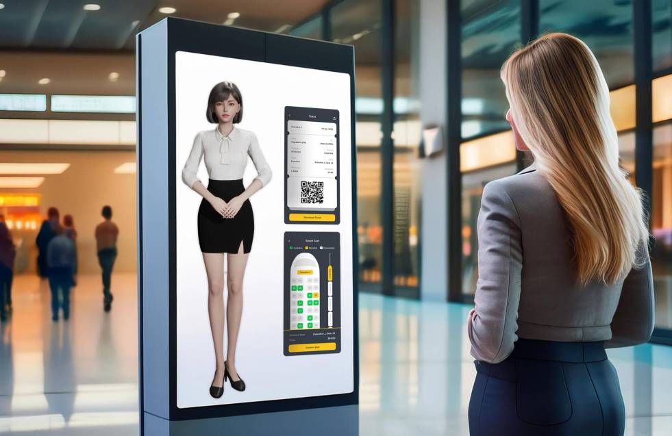 Firefly create an image of person looking to a digital totem display in a bank but show the display (10) Firefly create an image of person looking to a digital totem display in a bank but show the display (10)